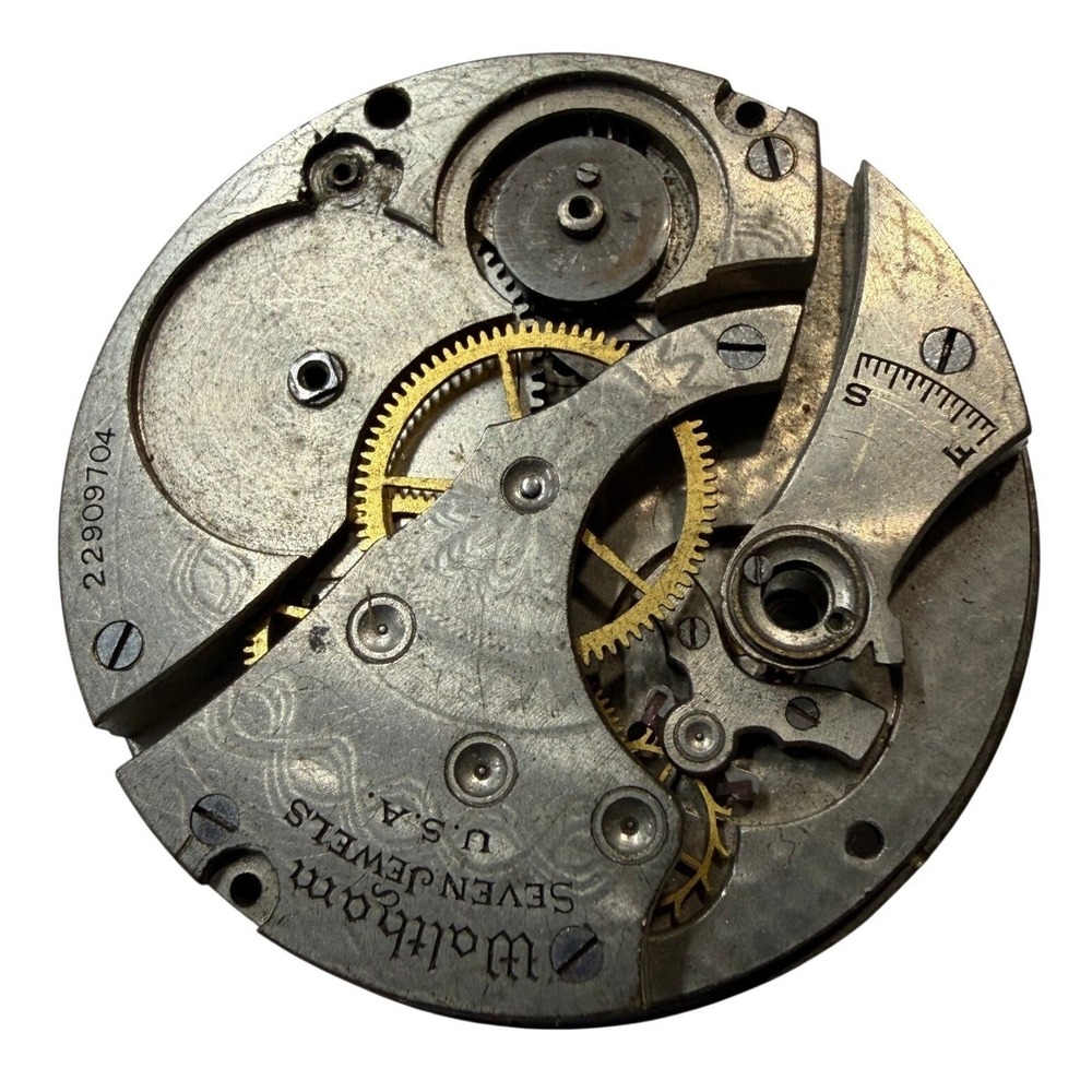 Vintage Waltham 7 Jewels Pocket Watch Movement USA 22909704 Parts Repair